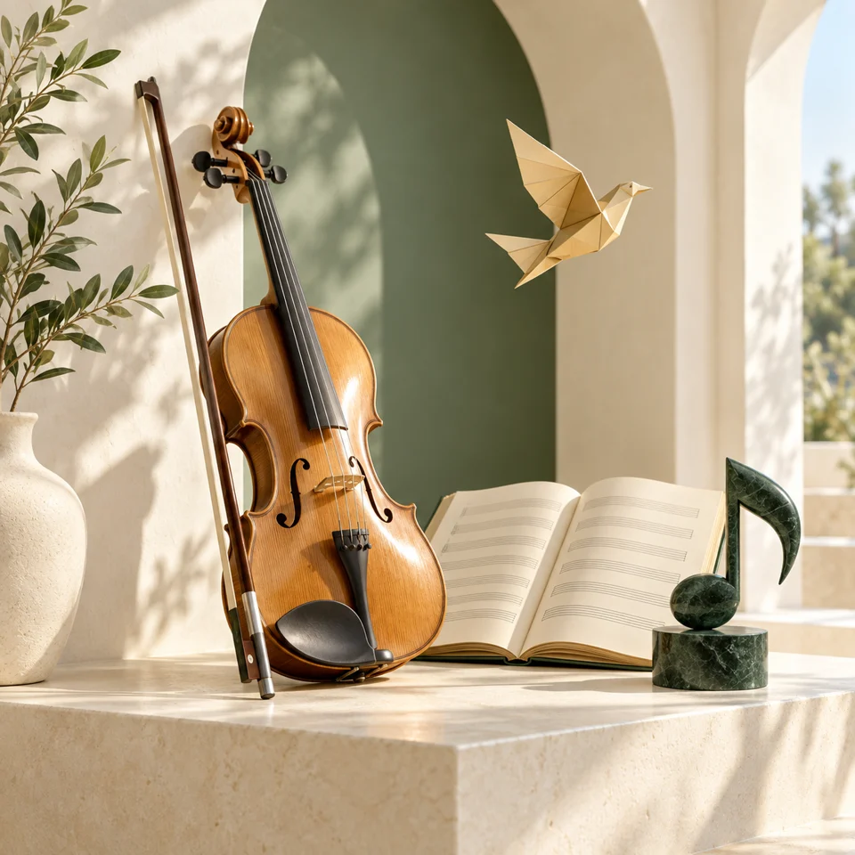 A violin, a songbook and a golden paper bird in a sunlit musical still life