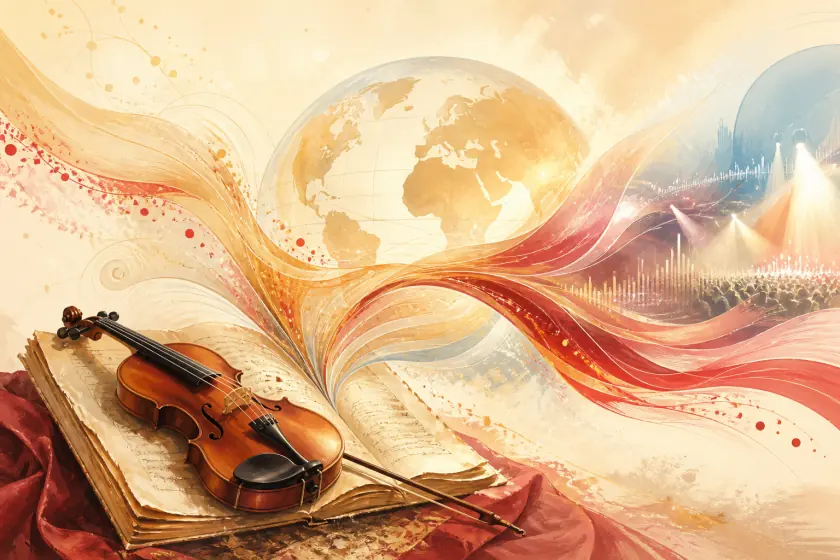 A violin on an archival manuscript sends ribbons of music past a globe toward a contemporary concert audience.