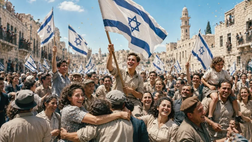 A celebratory Jerusalem crowd carries Israeli flags on the cover of Golden Again by RIGLI.