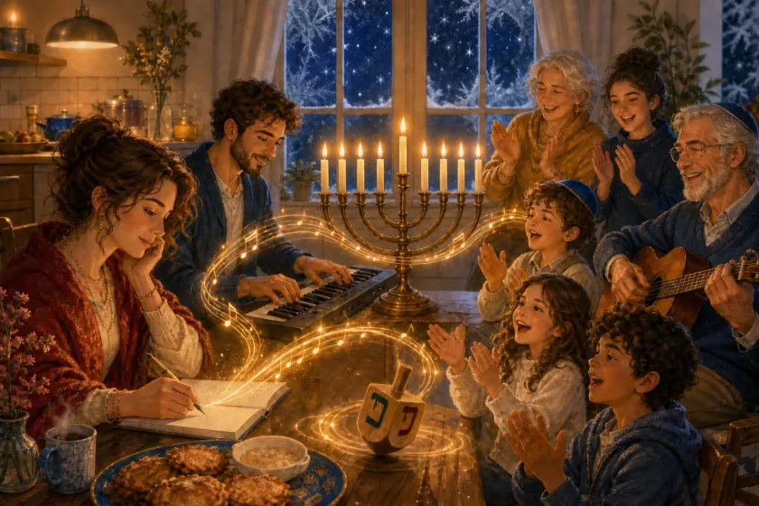 A songwriter, poet and multigenerational family celebrate Hanukkah with candles, music, latkes and a dreidel.