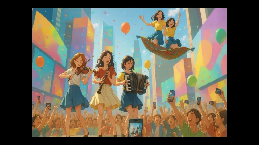 Young musicians and dancers celebrate on the cover of the RIGLI Hava Nagila English release.