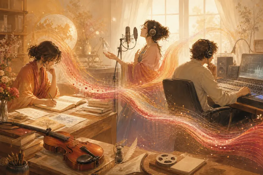 An anonymous poet, singer and producer work in one connected studio, a symbolic scene rather than portraits.