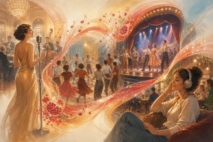 Jewish song moves through a ballroom, circle dance, musical stage and contemporary listening across generations.