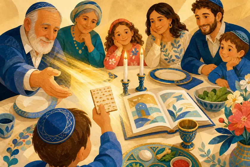 A multigenerational family shares matzah, stories and warm light around a Passover Seder table.