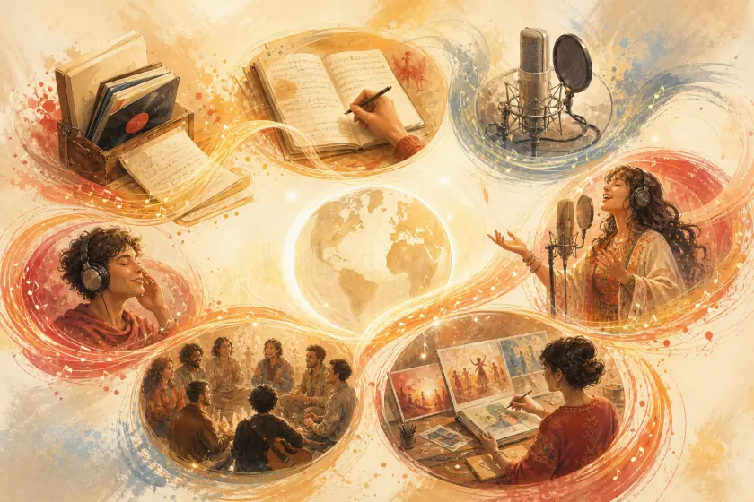 Research, adaptation, recording, visual storytelling, community and listening form one connected release cycle.