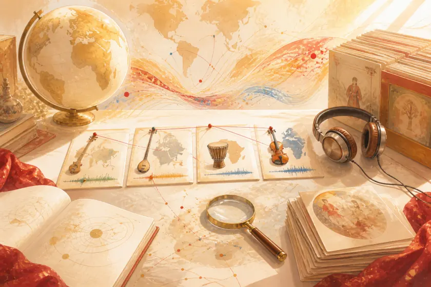 A globe, headphones, case cards, instruments and archival sources arranged on a comparative music research table.