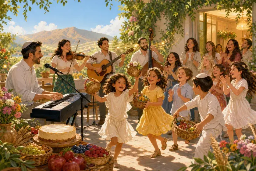 Children and families celebrate Shavuot with green branches, first-fruit baskets, cheesecake, music and dancing.